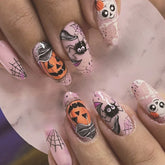 24pcs Light Pink Fake Nail Patches Pumpkin Spider Web Horror Skull Designs Press On Nails Halloween False Nail Wearable Manicure